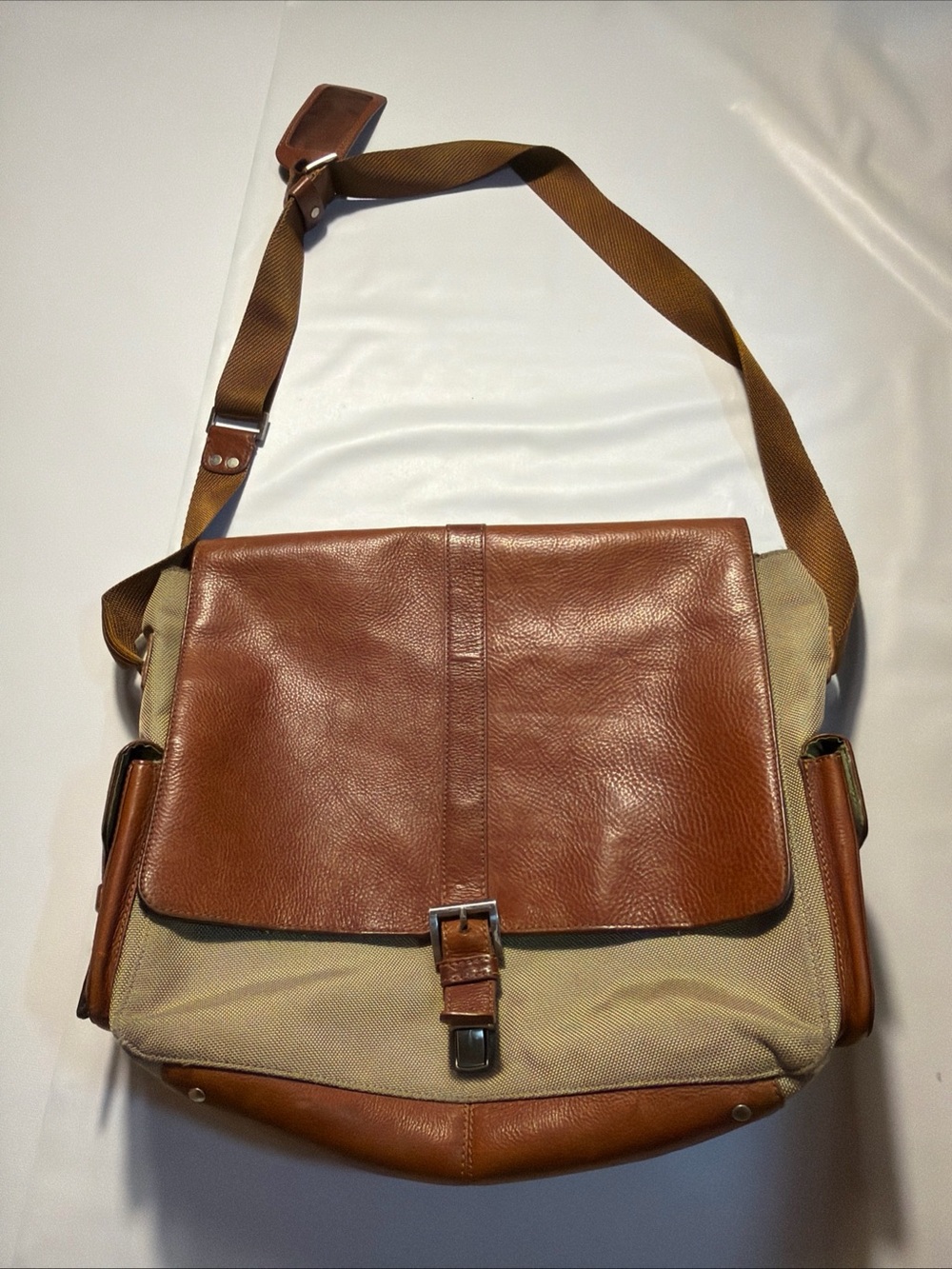 Bosca Leather & Nylon Messenger Bag Briefcase Tan & Brown Attache Laptop Work
